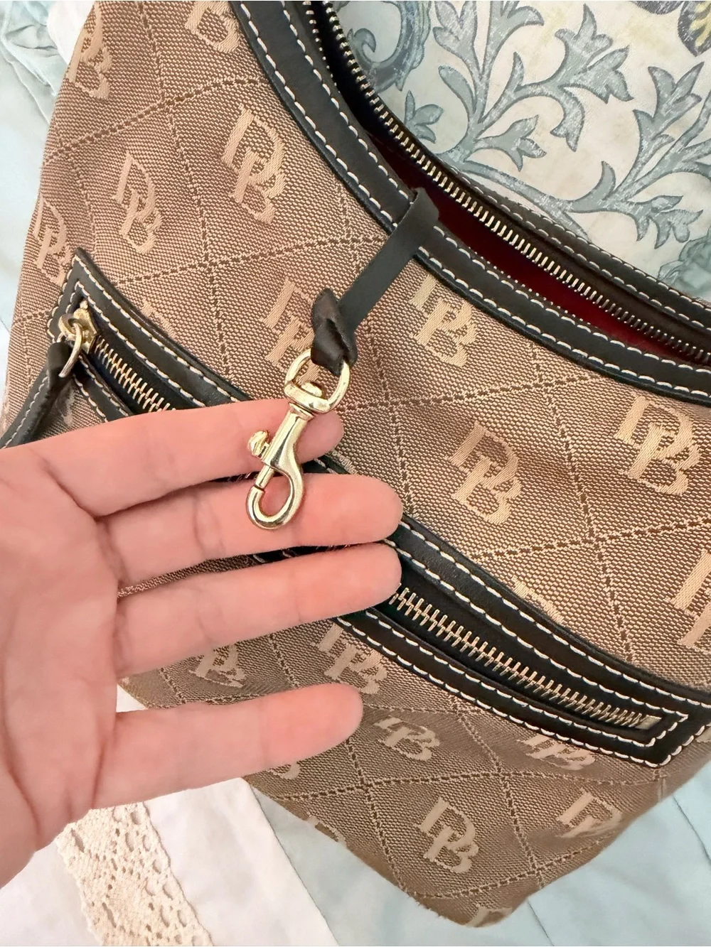 Dooney & Bourke Tan Monogram Shoulder Bag with Black Trim